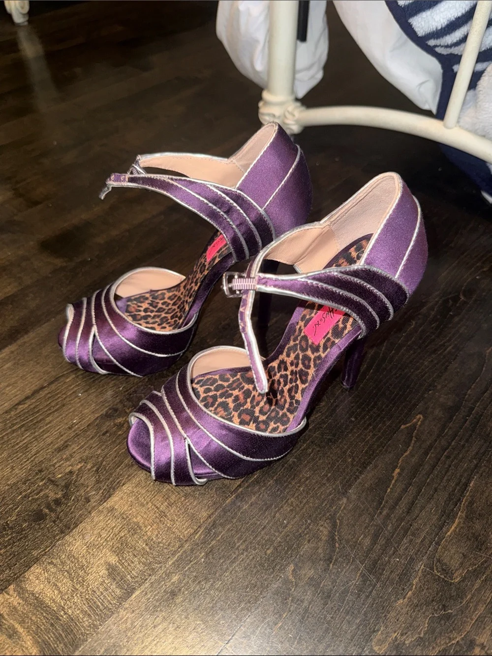 Purple Satin T-Strap High Heels by